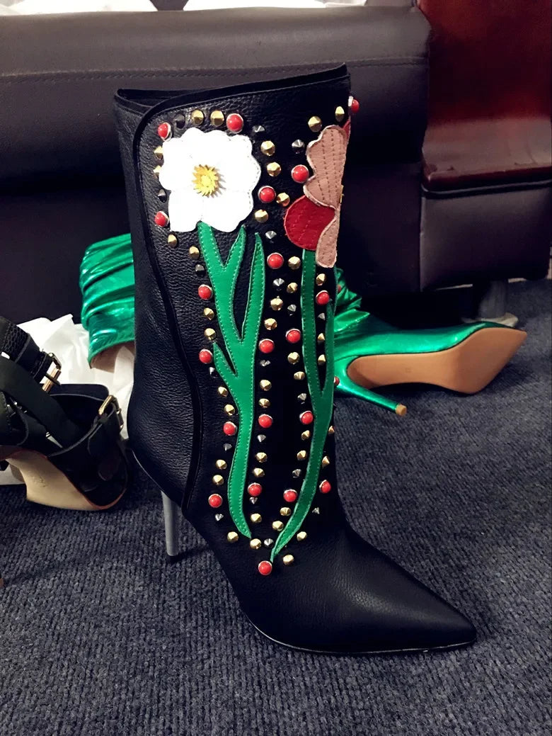 Winter Women Nightclub Shoes Mid-Calf Comfort Rhinestone Floral