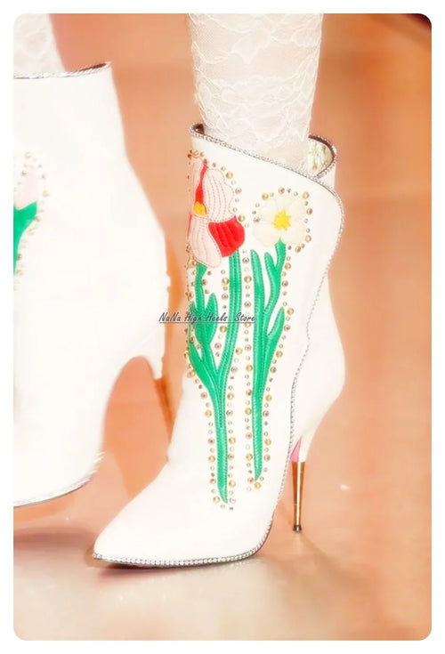 Winter Women Nightclub Shoes Mid-Calf Comfort Rhinestone Floral