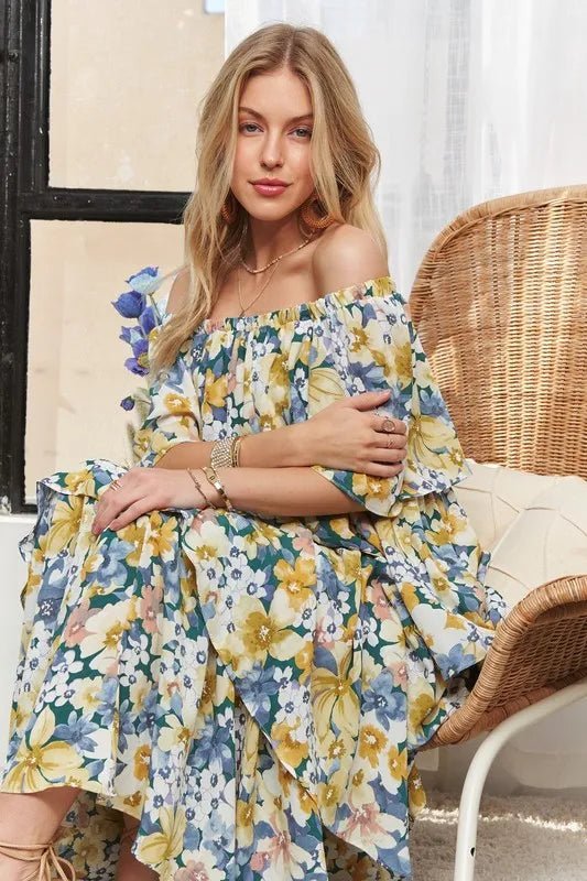 ADORA Layered Floral Off - Shoulder Short Sleeve Maxi Dress - Blossom~n~Bloom