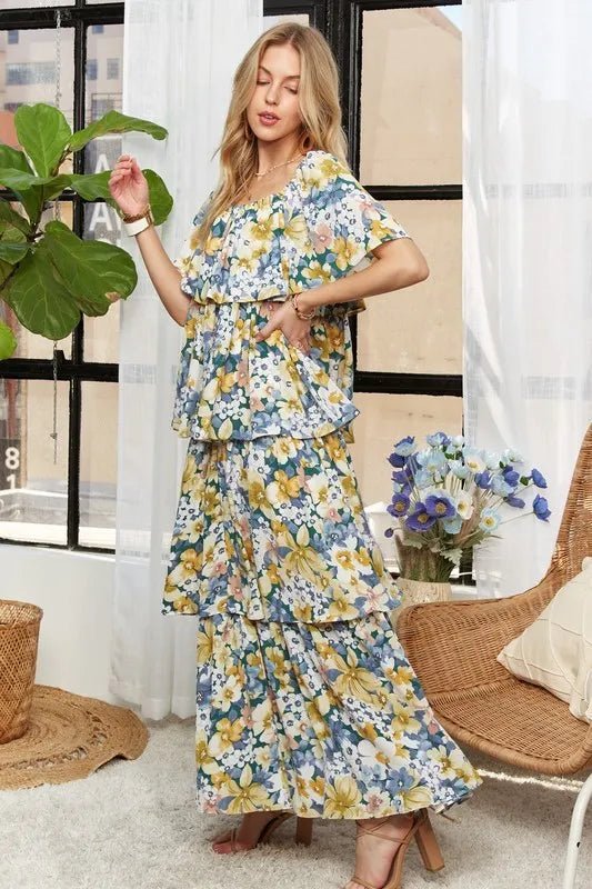 ADORA Layered Floral Off - Shoulder Short Sleeve Maxi Dress - Blossom~n~Bloom