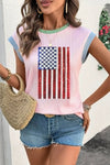 Colorblock Edge Twisted Rib Texture Sequin American Flag Casual T Shirt - Blossom~n~Bloom