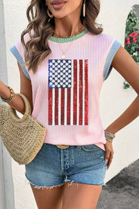 Colorblock Edge Twisted Rib Texture Sequin American Flag Casual T Shirt - Blossom~n~Bloom