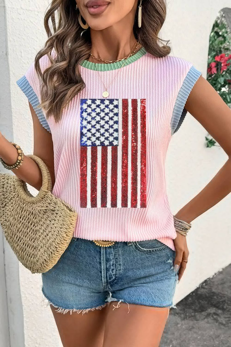 Colorblock Edge Twisted Rib Texture Sequin American Flag Casual T Shirt - Blossom~n~Bloom