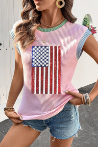 Colorblock Edge Twisted Rib Texture Sequin American Flag Casual T Shirt - Blossom~n~Bloom