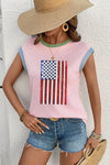 Colorblock Edge Twisted Rib Texture Sequin American Flag Casual T Shirt - Blossom~n~Bloom
