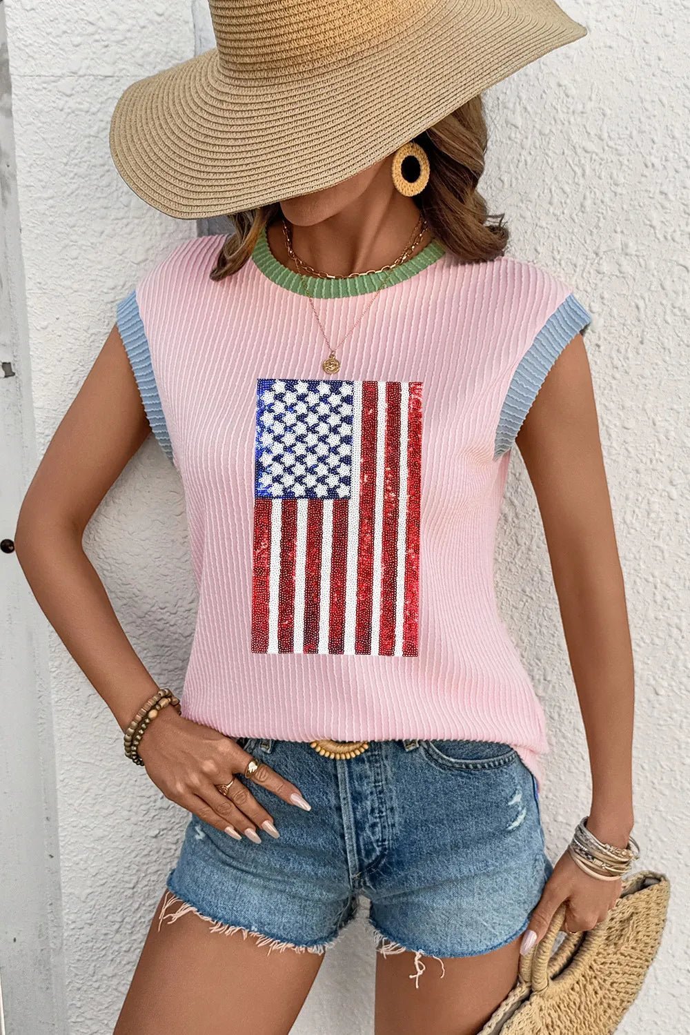 Colorblock Edge Twisted Rib Texture Sequin American Flag Casual T Shirt - Blossom~n~Bloom