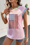Colorblock Edge Twisted Rib Texture Sequin American Flag Casual T Shirt - Blossom~n~Bloom