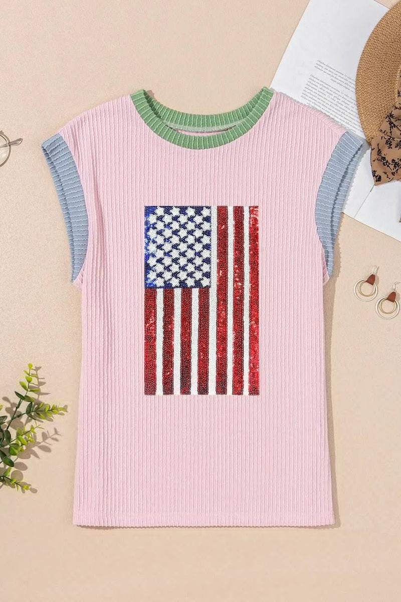 Colorblock Edge Twisted Rib Texture Sequin American Flag Casual T Shirt - Blossom~n~Bloom