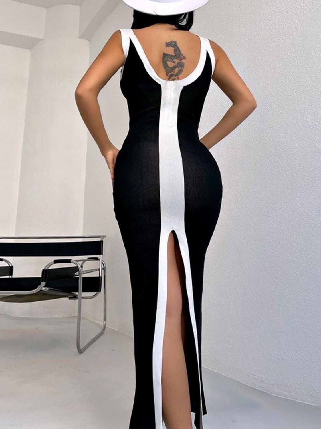 Contrast Wide Strap Slit Midi Dress - Blossom~n~Bloom