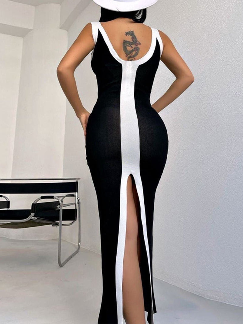 Contrast Wide Strap Slit Midi Dress - Blossom~n~Bloom
