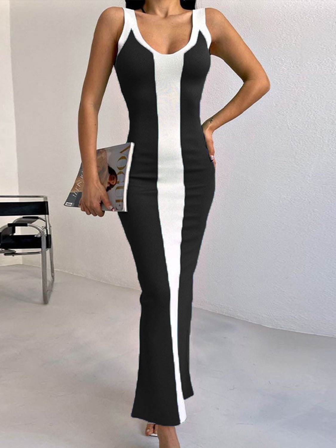 Contrast Wide Strap Slit Midi Dress - Blossom~n~Bloom