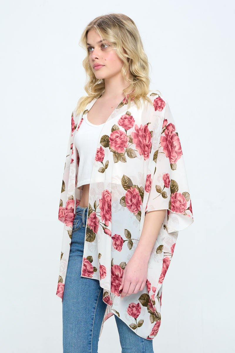 Floral Kimono Cardigan with Open Front | Blossom~n~Bloom