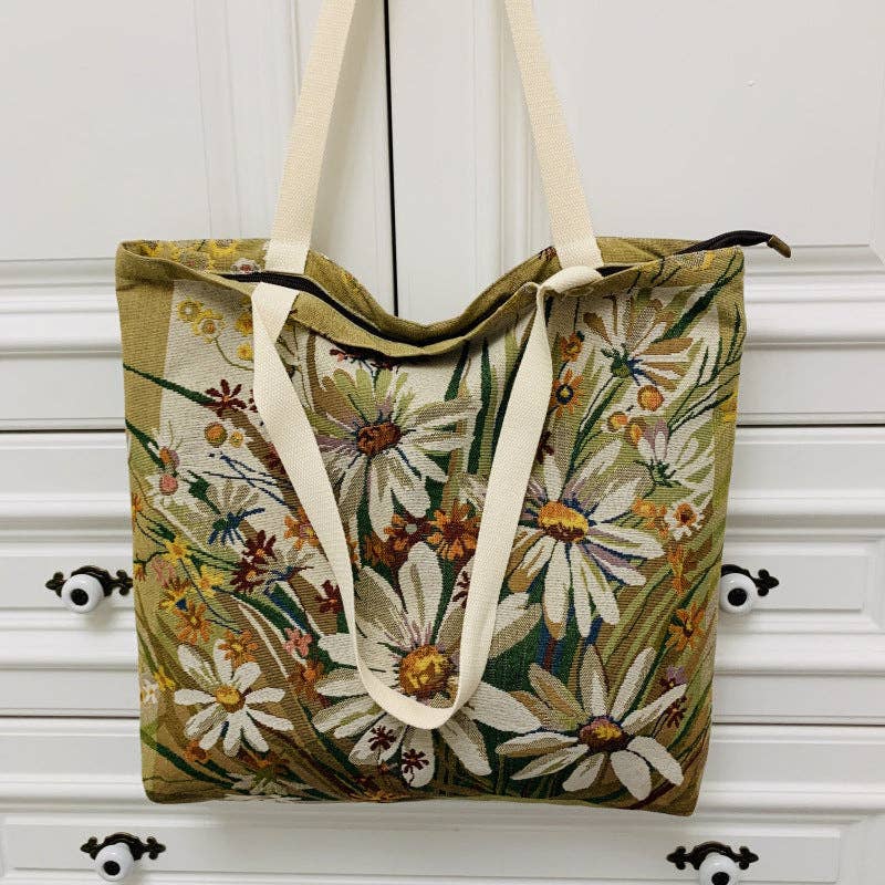 Floral Large Capacity Tote Bag with Zipper Closure - Blossom~n~Bloom