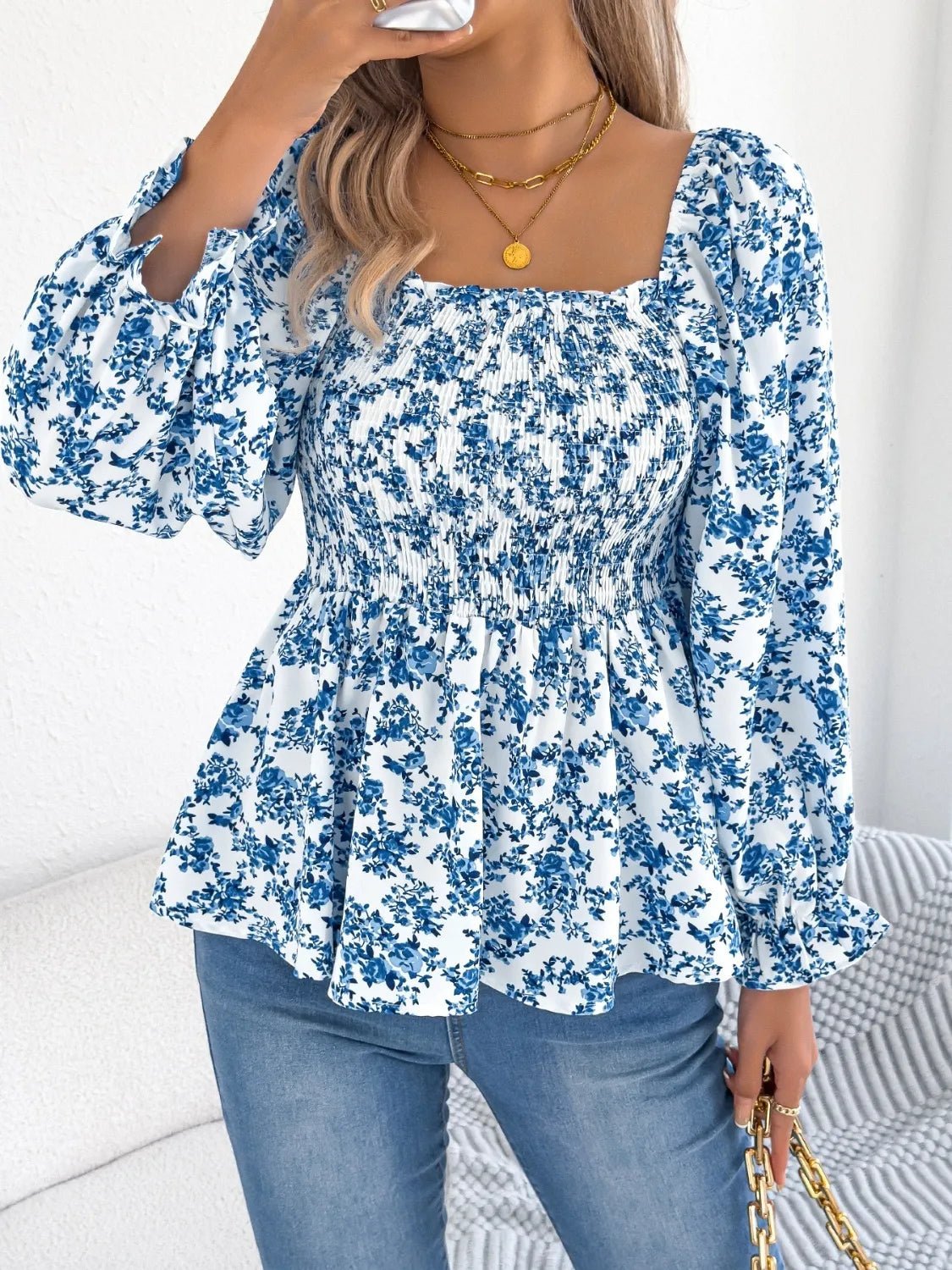 Floral Square Neck Flounce Sleeve Blouse | Blossom~n~Bloom