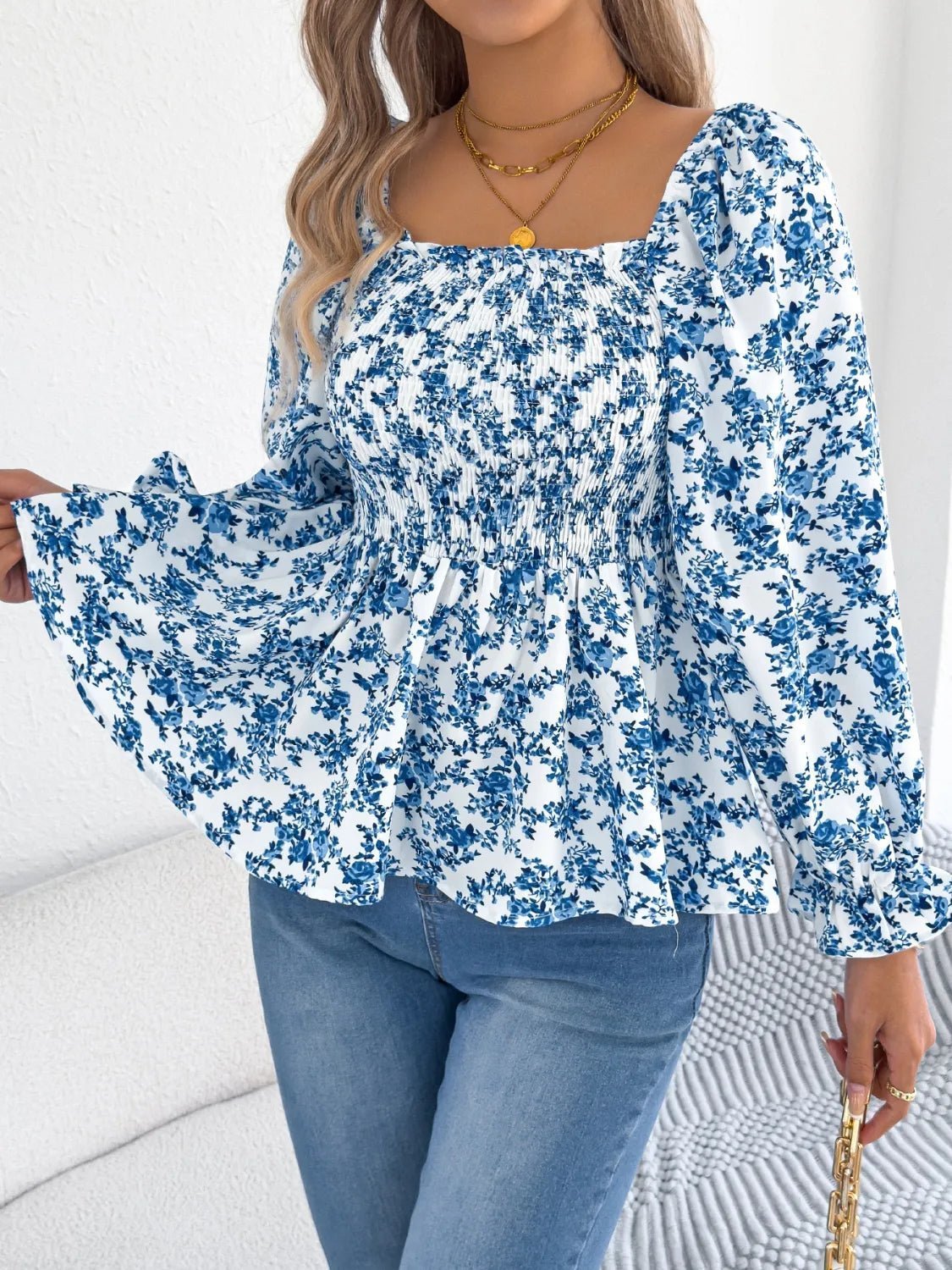 Floral Square Neck Flounce Sleeve Blouse | Blossom~n~Bloom