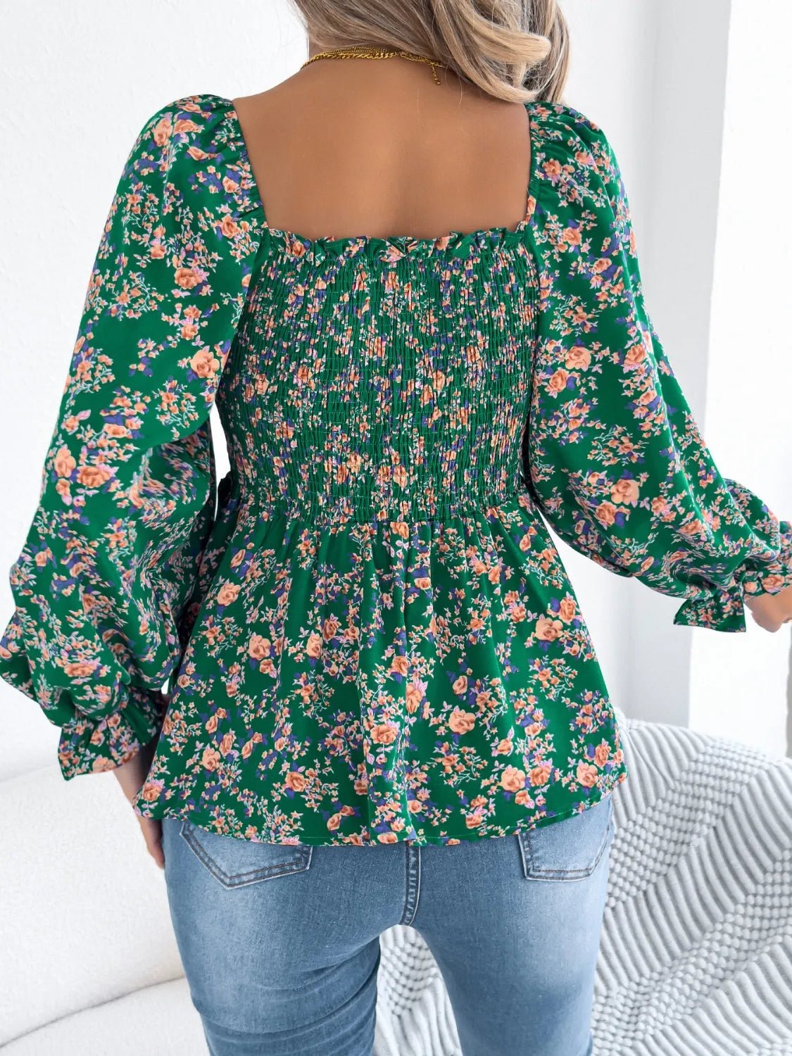 Floral Square Neck Flounce Sleeve Blouse | Blossom~n~Bloom