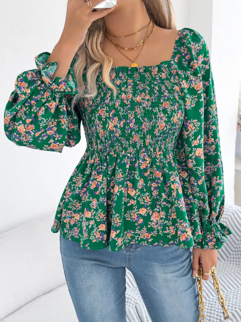 Floral Square Neck Flounce Sleeve Blouse | Blossom~n~Bloom