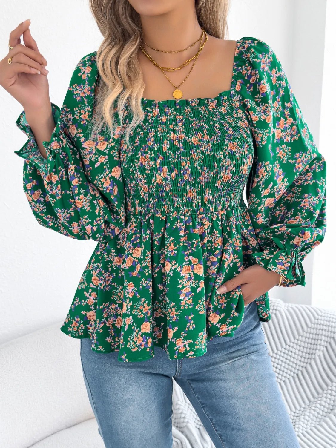 Floral Square Neck Flounce Sleeve Blouse | Blossom~n~Bloom