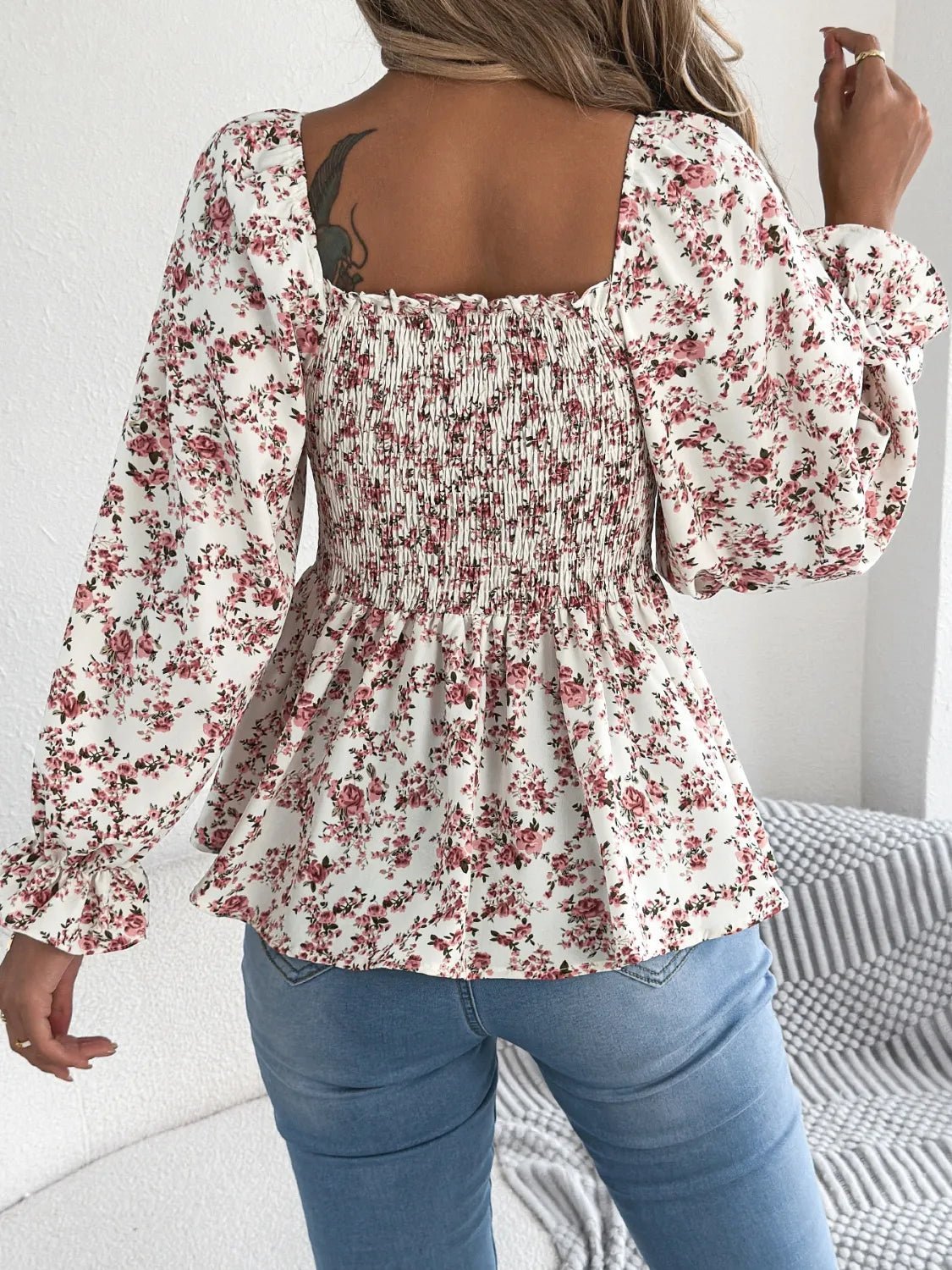 Floral Square Neck Flounce Sleeve Blouse | Blossom~n~Bloom