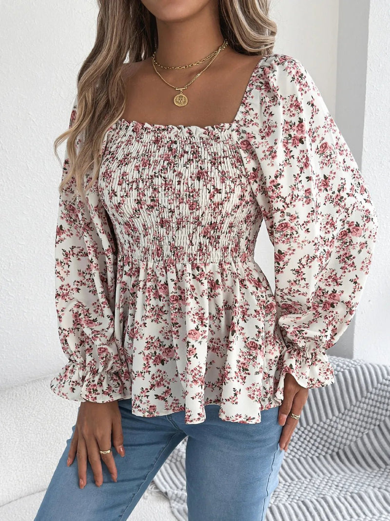 Floral Square Neck Flounce Sleeve Blouse | Blossom~n~Bloom