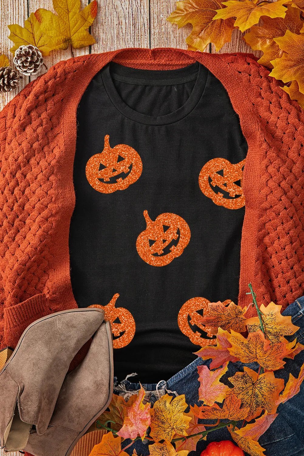 Full Size Glitter Jack - O' - Lantern Round Neck Short Sleeve T-Shirt - Blossom~n~Bloom