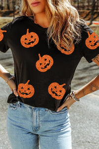 Full Size Glitter Jack - O' - Lantern Round Neck Short Sleeve T-Shirt - Blossom~n~Bloom
