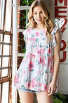 Heimish Full Size Butterfly Short Sleeve Round Neck Floral Print Tiered Top Plus Size - Blossom~n~Bloom