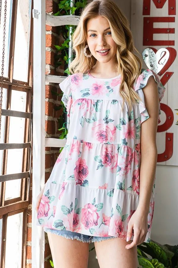 Heimish Full Size Butterfly Short Sleeve Round Neck Floral Print Tiered Top Plus Size - Blossom~n~Bloom