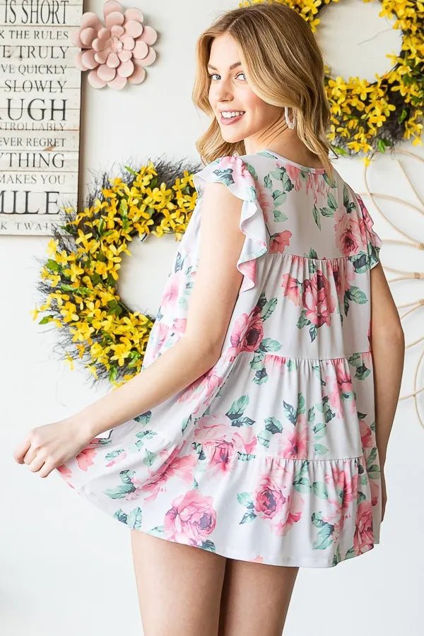 Heimish Full Size Butterfly Short Sleeve Round Neck Floral Print Tiered Top Plus Size - Blossom~n~Bloom