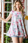 Heimish Full Size Butterfly Short Sleeve Round Neck Floral Print Tiered Top Plus Size - Blossom~n~Bloom