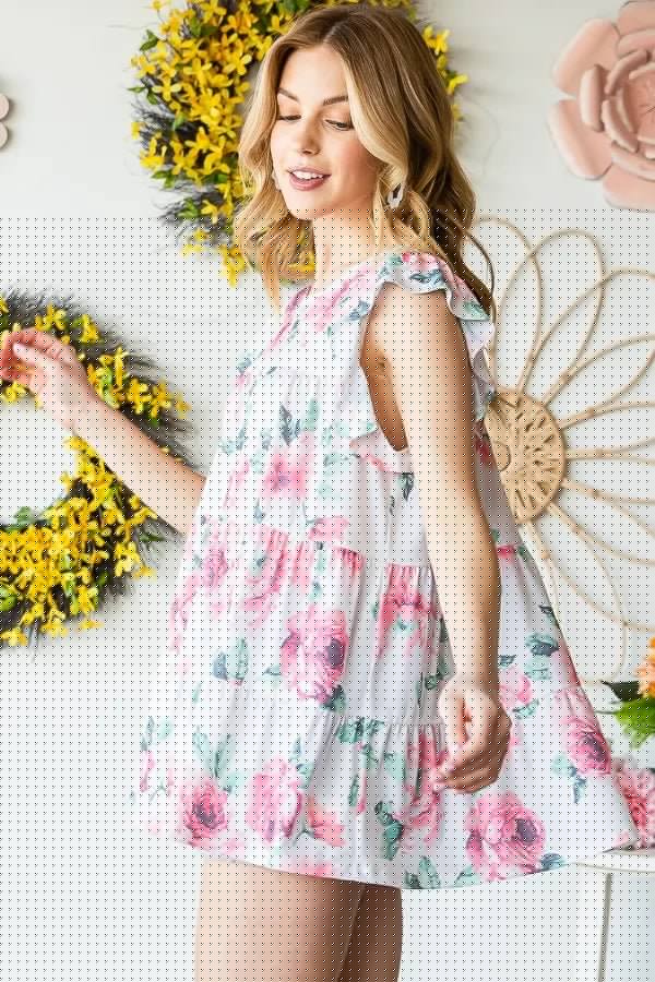 Heimish Full Size Butterfly Short Sleeve Round Neck Floral Print Tiered Top Plus Size - Blossom~n~Bloom