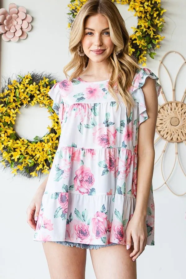 Heimish Full Size Butterfly Short Sleeve Round Neck Floral Print Tiered Top Plus Size - Blossom~n~Bloom