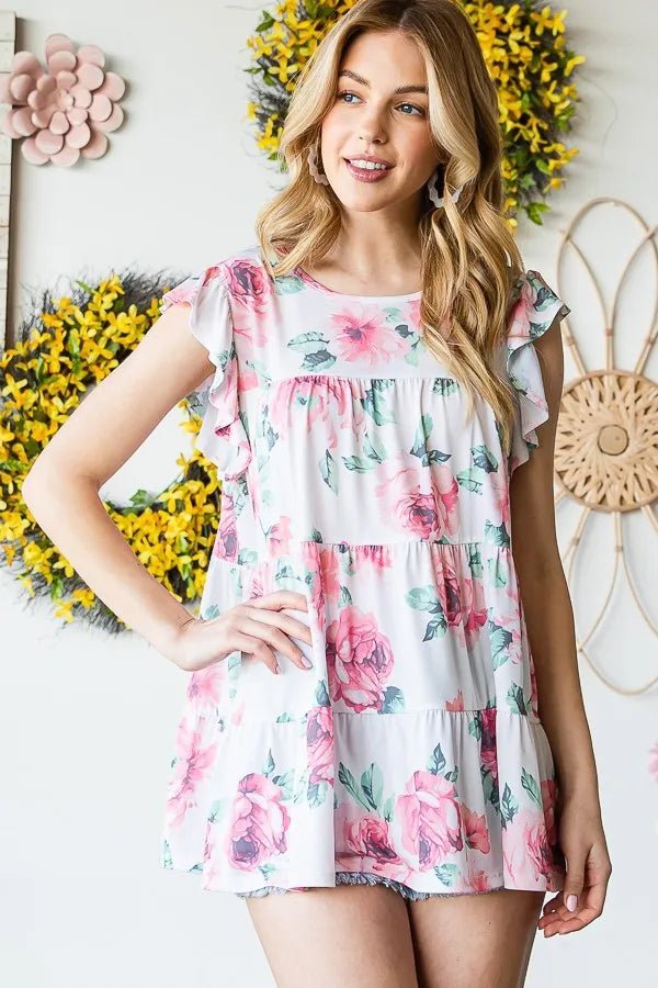 Heimish Full Size Butterfly Short Sleeve Round Neck Floral Print Tiered Top Plus Size - Blossom~n~Bloom