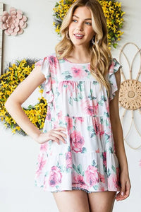 Heimish Full Size Butterfly Short Sleeve Round Neck Floral Print Tiered Top Plus Size - Blossom~n~Bloom
