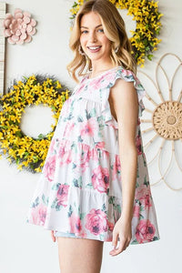 Heimish Full Size Butterfly Short Sleeve Round Neck Floral Print Tiered Top Plus Size - Blossom~n~Bloom