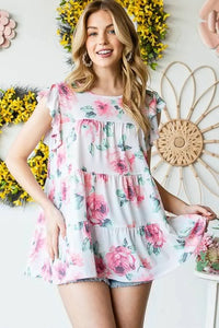Heimish Full Size Butterfly Short Sleeve Round Neck Floral Print Tiered Top Plus Size - Blossom~n~Bloom