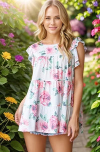 Heimish Full Size Butterfly Short Sleeve Round Neck Floral Print Tiered Top Plus Size - Blossom~n~Bloom