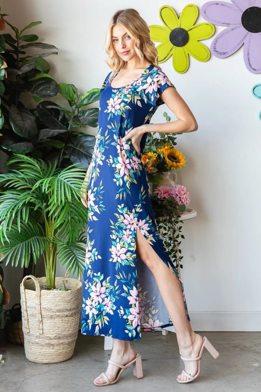 Heimish Full Size Floral Short Sleeve Slit Dress - Blossom~n~Bloom
