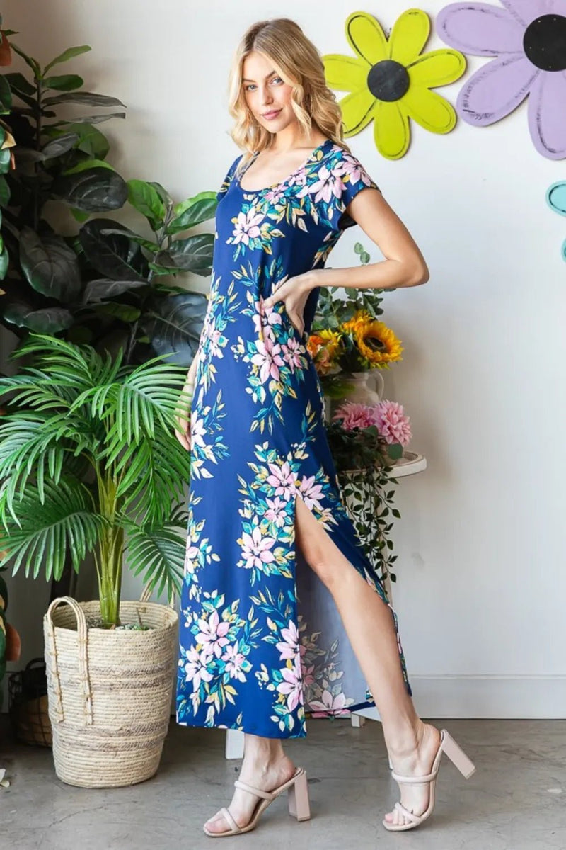 Heimish Full Size Floral Short Sleeve Slit Dress - Blossom~n~Bloom