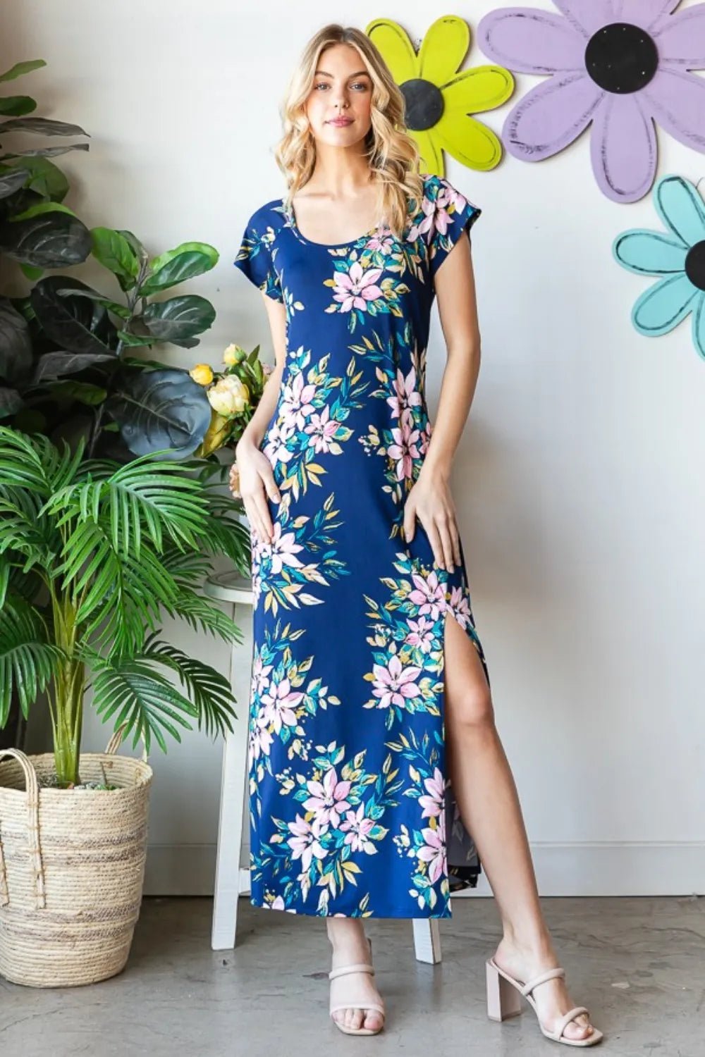 Heimish Full Size Floral Short Sleeve Slit Dress - Blossom~n~Bloom