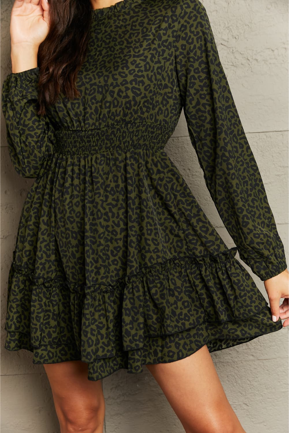 Honey Leopard Smock Waist Long Sleeve Dress - Blossom~n~Bloom