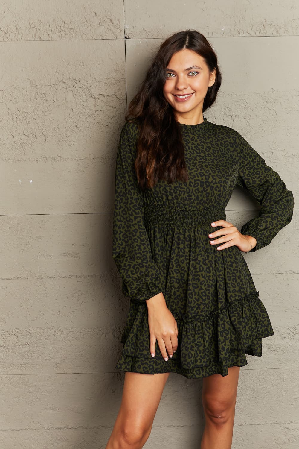Honey Leopard Smock Waist Long Sleeve Dress - Blossom~n~Bloom