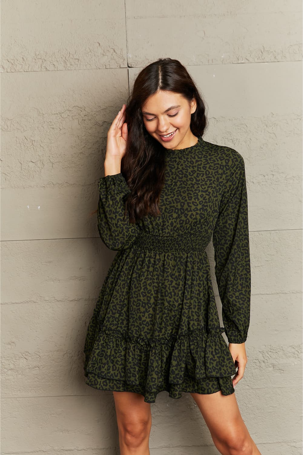 Honey Leopard Smock Waist Long Sleeve Dress - Blossom~n~Bloom