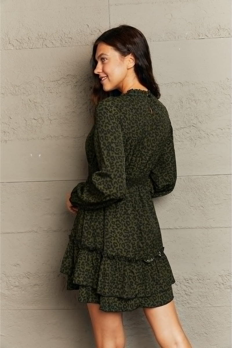 Honey Leopard Smock Waist Long Sleeve Dress - Blossom~n~Bloom