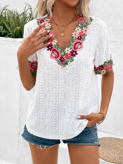 Ivy Lane Eyelet Embroidered V - Neck Short Sleeve Blouse - Blossom~n~Bloom