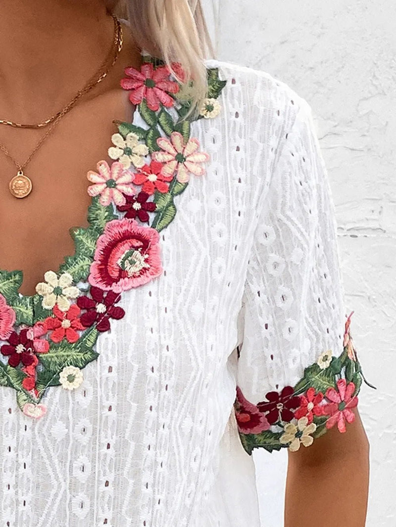 Ivy Lane Eyelet Embroidered V - Neck Short Sleeve Blouse - Blossom~n~Bloom