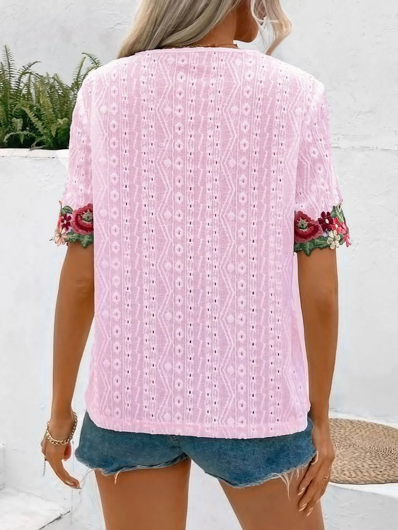 Ivy Lane Eyelet Embroidered V - Neck Short Sleeve Blouse - Blossom~n~Bloom