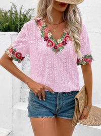 Ivy Lane Eyelet Embroidered V - Neck Short Sleeve Blouse - Blossom~n~Bloom
