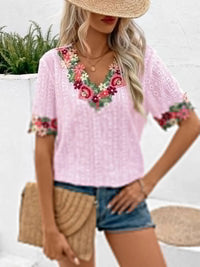 Ivy Lane Eyelet Embroidered V - Neck Short Sleeve Blouse - Blossom~n~Bloom