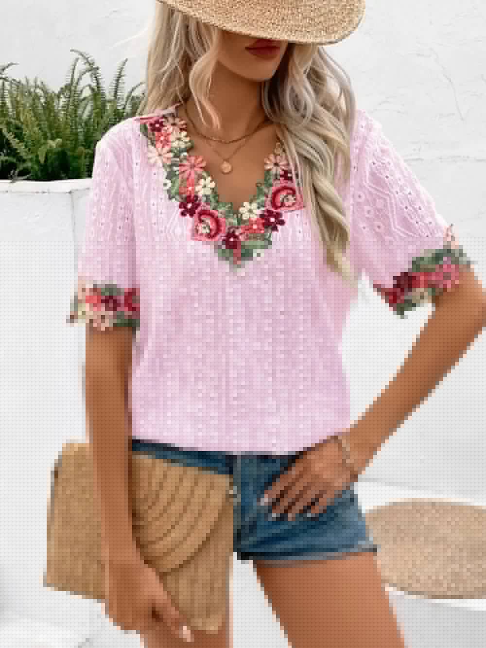 Ivy Lane Eyelet Embroidered V - Neck Short Sleeve Blouse - Blossom~n~Bloom